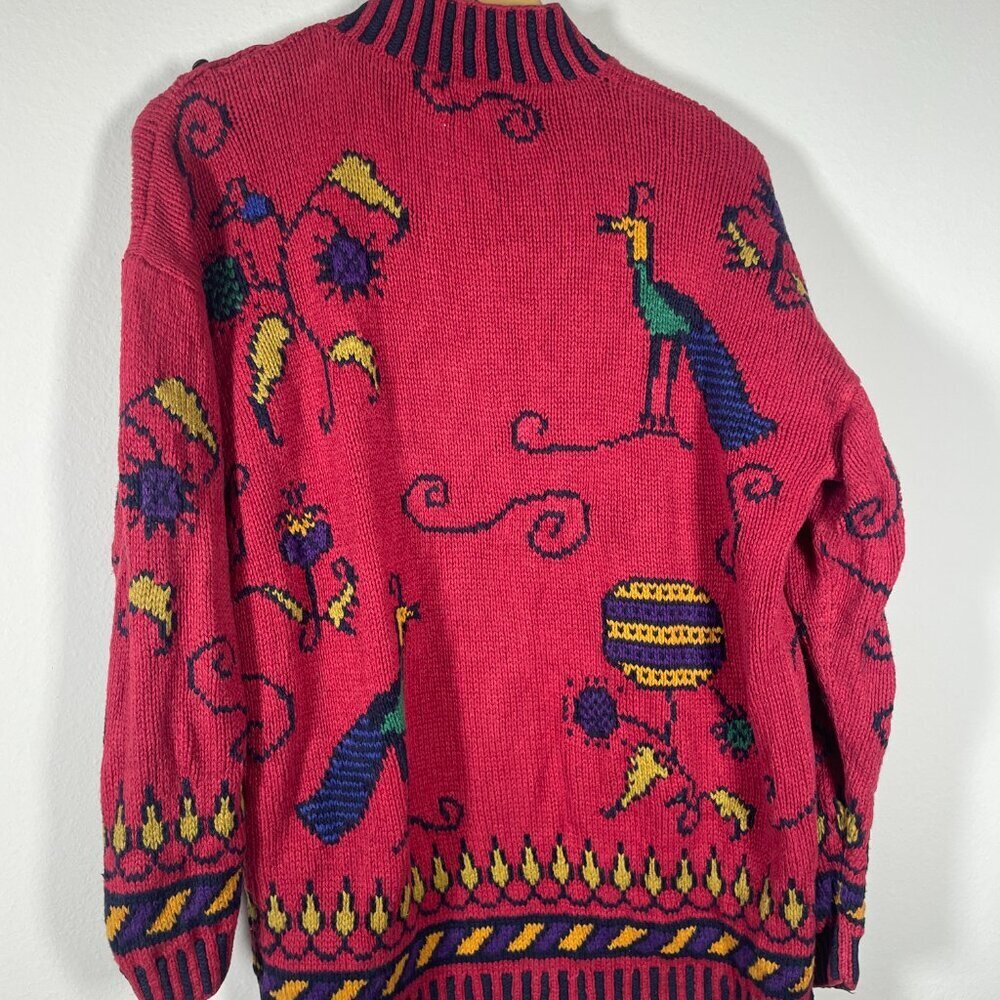 Vintage Hand Knitted Red Bird Print Mackinaw Sweater Linen Blend High Neck M/L! - Picture 5 of 5